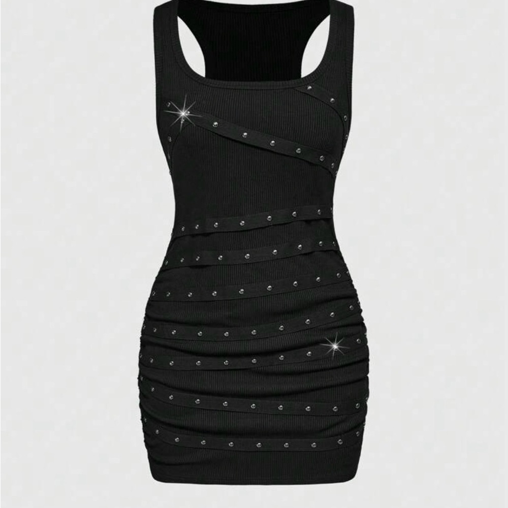 NWT Black ruched ribbed punk silver Studded Dress XL